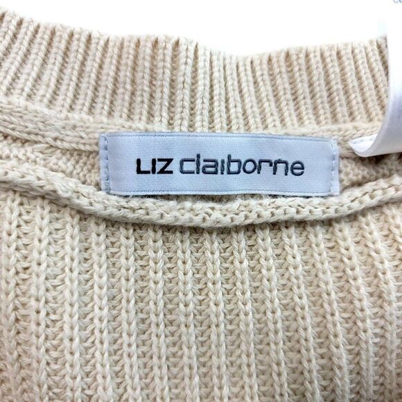 Liz Claiborne‎ Tan Cable Knit Sweater Medium 8/10 Cotton Button Butterfly Sleeve - Picture 6 of 8